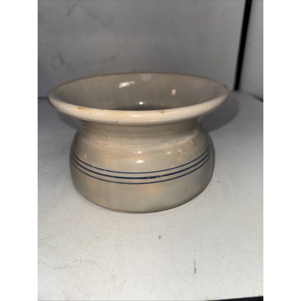 Spittoon Stoneware Cuspidor Vintage Gray Blue Stripe Glazed Pottery Farmhouse